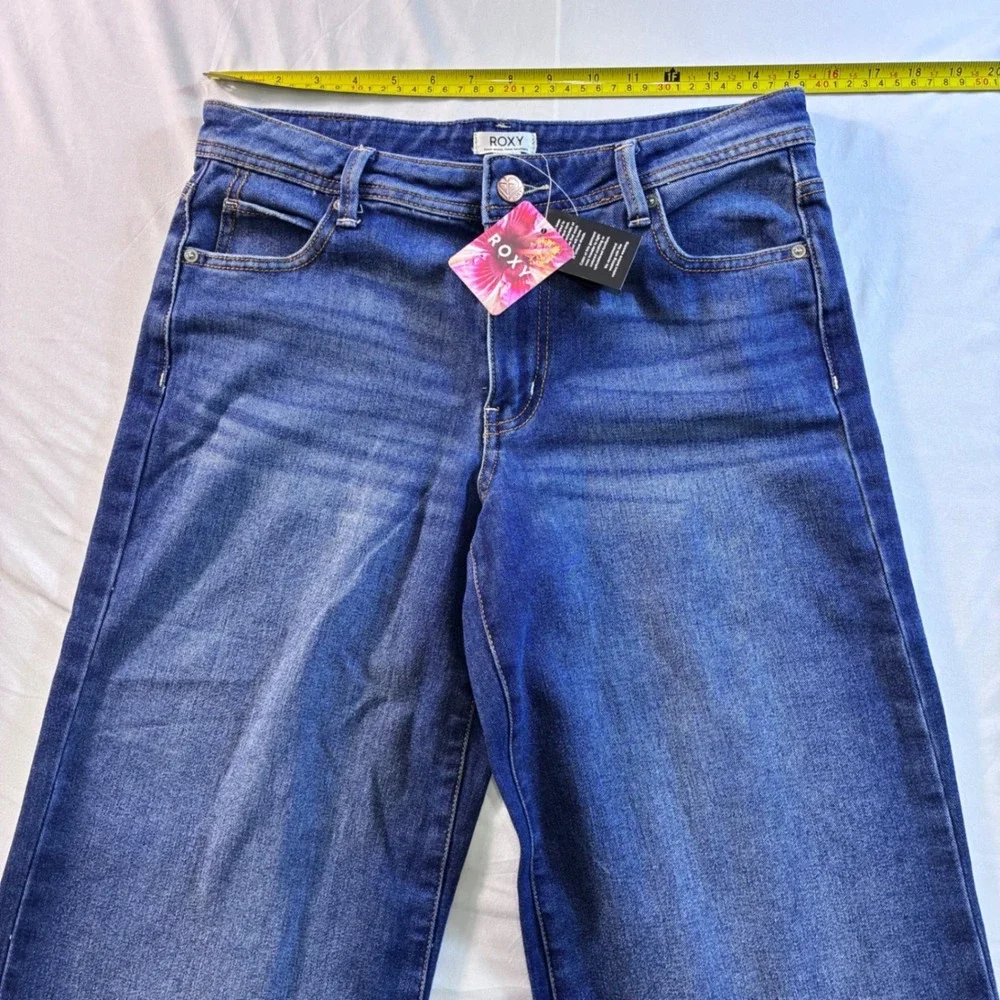 Roxy Women Wide Leg Jeans Medium Wash Raw Hem High Rise Denim Size 5 NWT